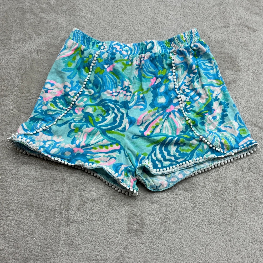Lilly Pulitzer Knit Shorts Girls L Blue Floral Pom Trim Preppy Resortwear Boho